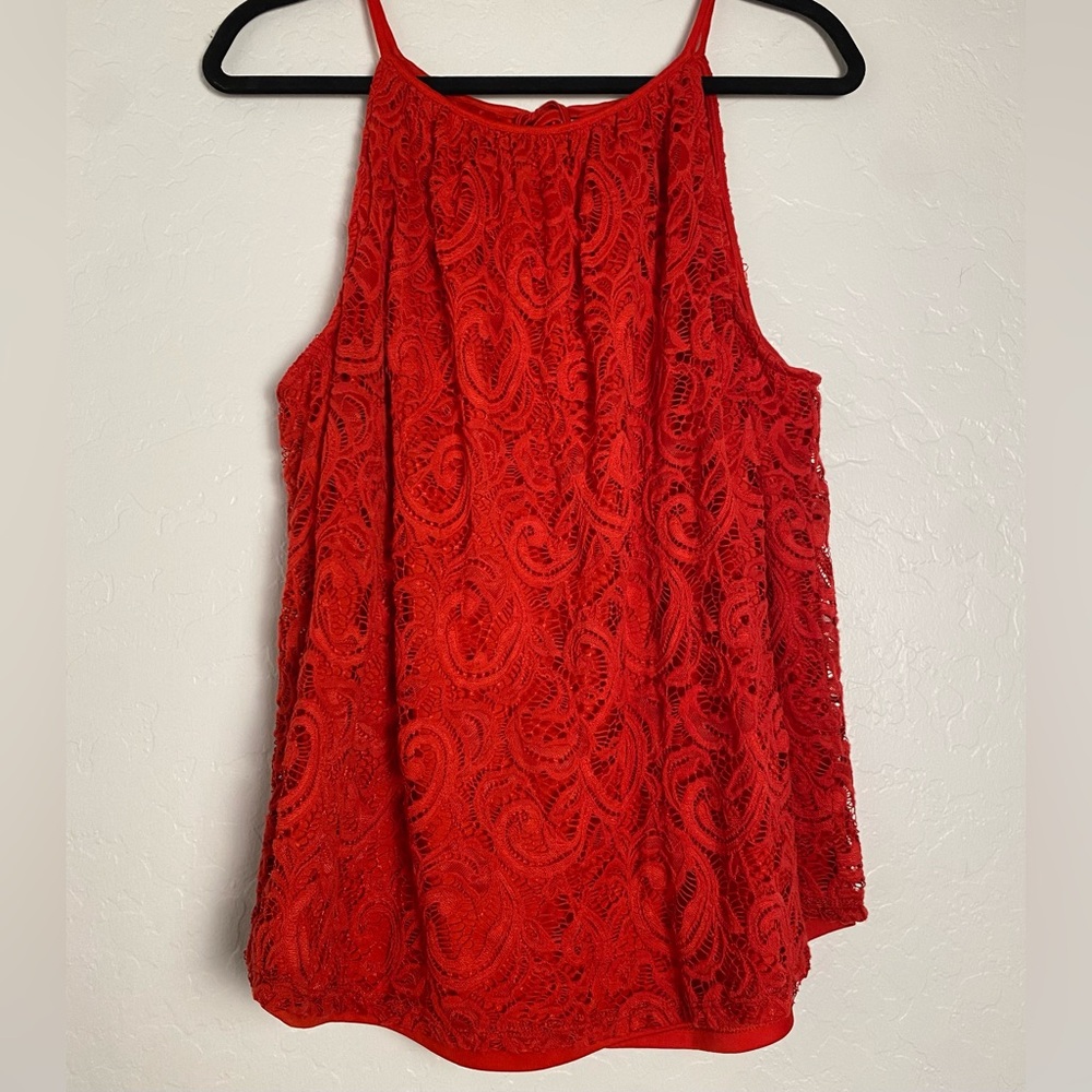 Tacera Elegant Red Lace Halter Women's Blouse Sz XL Sleeveless spaghetti strap - Picture 1 of 10